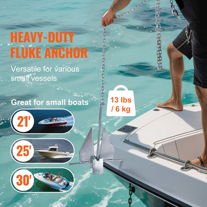 AN08A-6.0kg-YM(AS) - Durable 13 lb Fluke Anchor Kit with 7.9' Chain & Rope