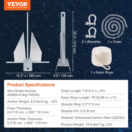 AN08A-4.0kg-YM(AS) - 8.5 lb Fluke Anchor Kit for 15'-18' Boats