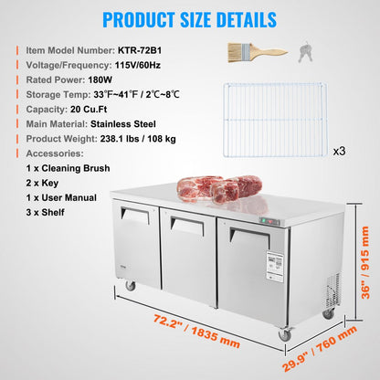 KTR-72B1 - 72" Stainless Steel Refrigerated Prep Table with Dual-Zone Storage