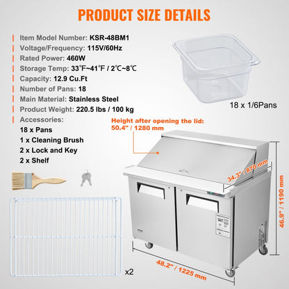 KSR-48BM1 - 48" Stainless Steel Salad Prep Table with 18 Pans