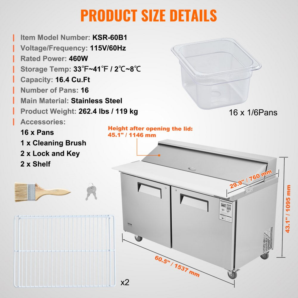 KSR-60B1 - 60" Stainless Steel Prep Table with 16 Pans & Temperature Control