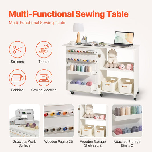 HL20240800 - 46" Folding Sewing Table with Storage Compartments