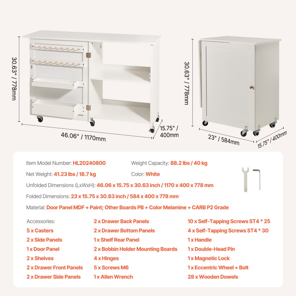 HL20240800 - 46" Folding Sewing Table with Storage Compartments