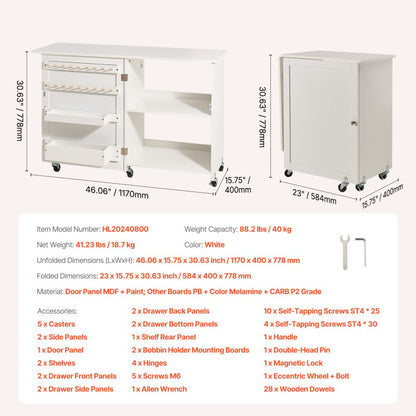 HL20240800 - 46" Folding Sewing Table with Storage Compartments
