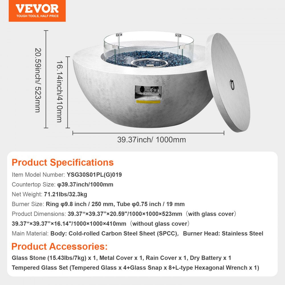 YSG30S01PL(G)019 - 39" Outdoor Concrete Propane Fire Pit with Stainless Steel Burner