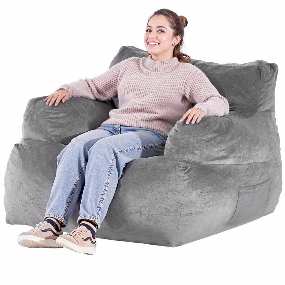 SM-FBB-07 - Cozy Grey Bean Bag Chair with Armrests and Plush Foam
