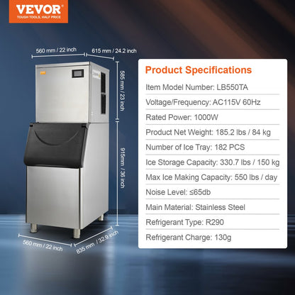 LB550TA - 1000W VEVOR Ice Maker, 500lbs Daily, Auto Self-Cleaning