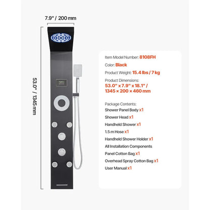 8108FH - Customizable Stainless Steel Shower Tower with Rainfall & Massage Jets