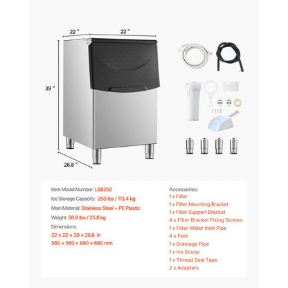 LSB250 - 250 lbs Stainless Steel Ice Storage Bin with Water Filter