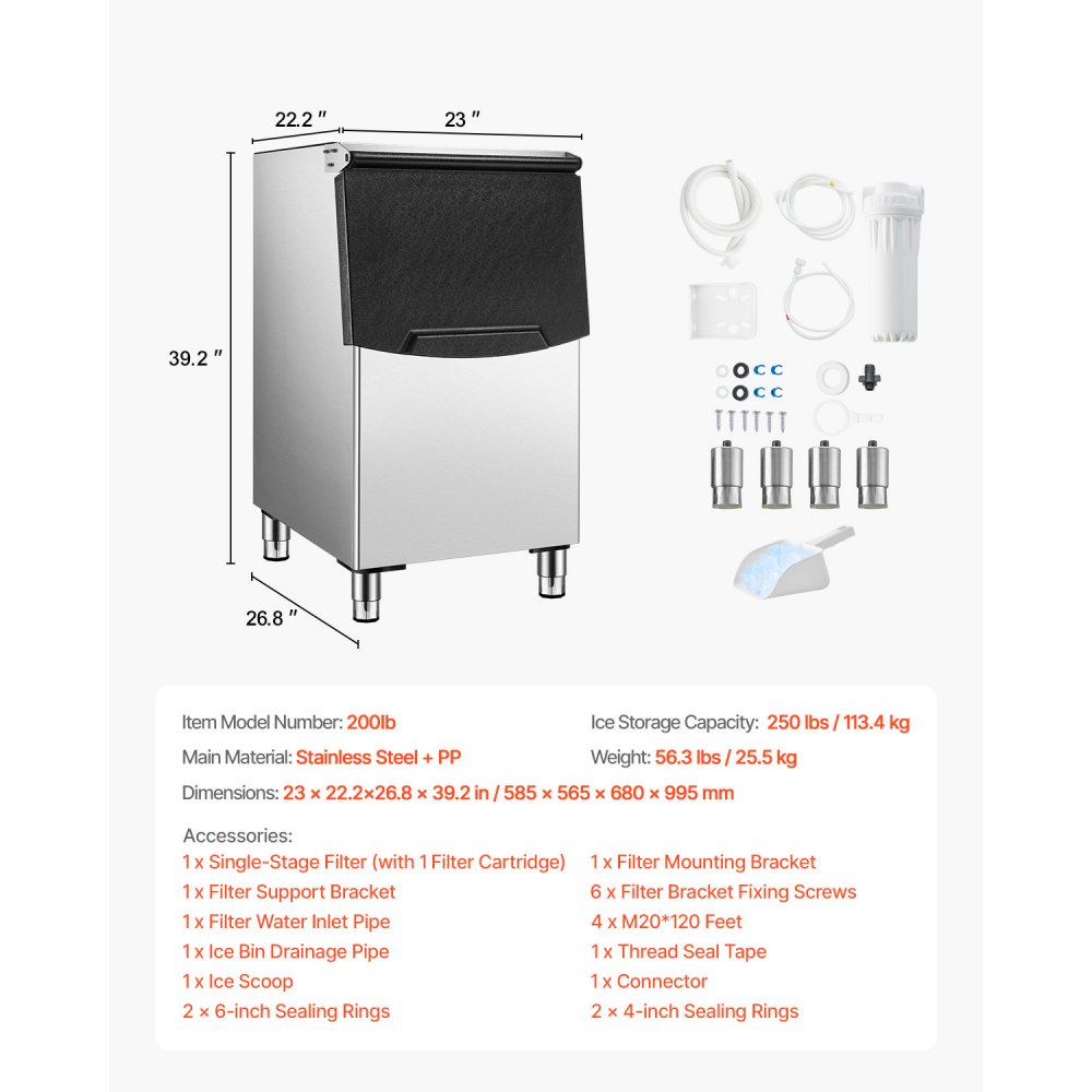 200Ib - Commercial Ice Storage Bin with Water Filter & Gravity Drainage