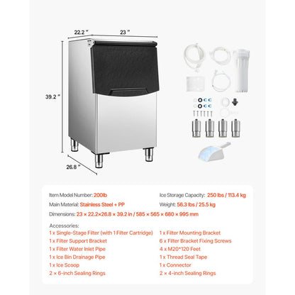 200Ib - Commercial Ice Storage Bin with Water Filter & Gravity Drainage