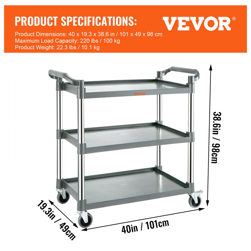 010300824265 - 3-Tier Polypropylene Service Cart with Swivel Casters