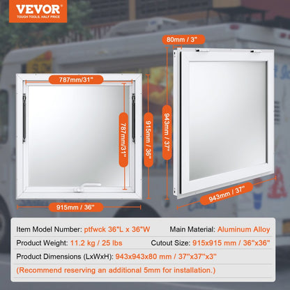 ptfwck 36"L x 36"W - Durable Aluminum Concession Window for Food Trucks