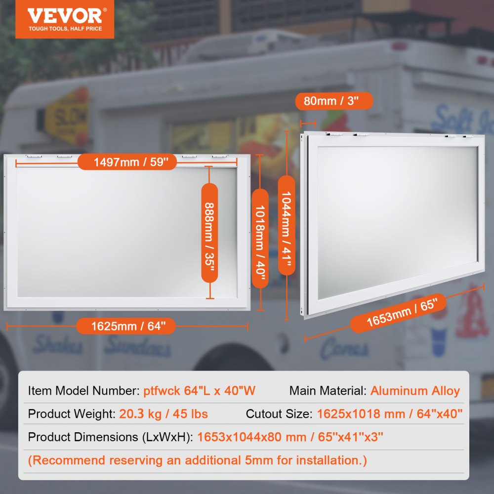 ptfwck - 64"L x 40"W Durable Aluminum Food Truck Window with Awning