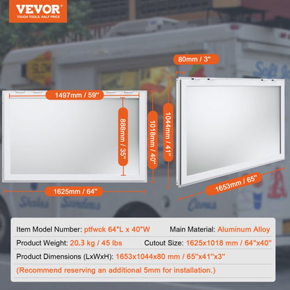 ptfwck - 64"L x 40"W Durable Aluminum Food Truck Window with Awning