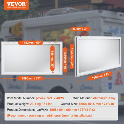 ptfwck 74"L x 40"W - Durable Aluminum Food Truck Window with Awning & Wide View