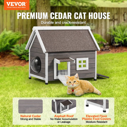 DUSCH2405 - 30" Fir Wood Outdoor Cat House with Waterproof Roof & Windows