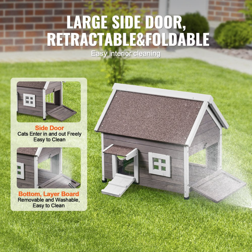 DUSCH2405 - 30" Fir Wood Outdoor Cat House with Waterproof Roof & Windows