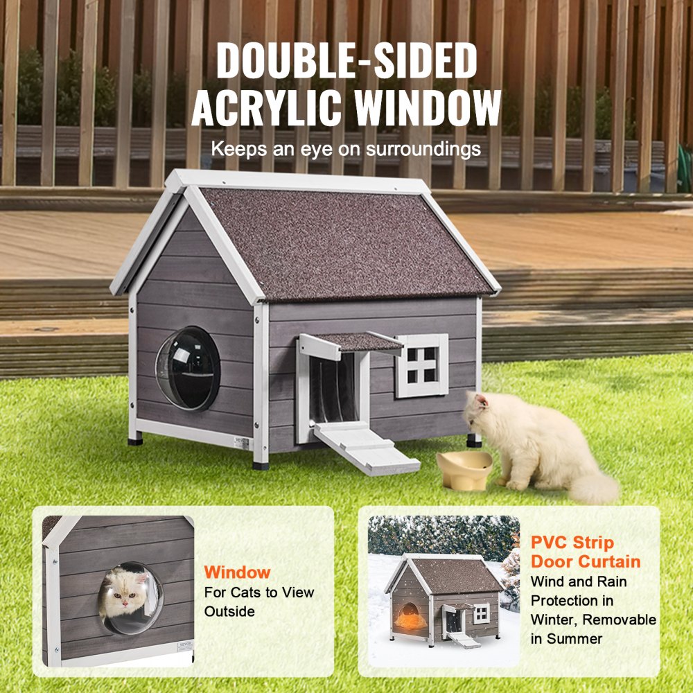 DUSCH2405 - 30" Fir Wood Outdoor Cat House with Waterproof Roof & Windows