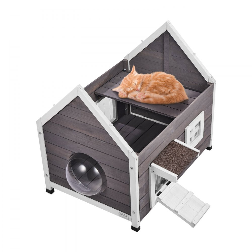 DUSCH2405 - 30" Fir Wood Outdoor Cat House with Waterproof Roof & Windows