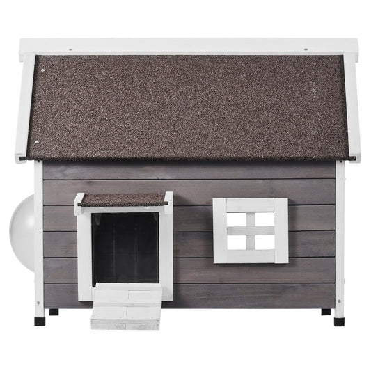 DUSCH2405 - 30" Fir Wood Outdoor Cat House with Waterproof Roof & Windows