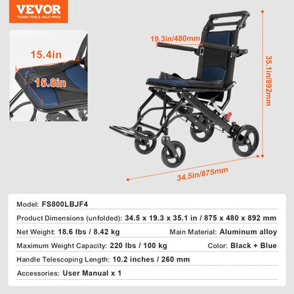 FS800LBJF4 - Compact Folding Wheelchair with 15.75-Inch Seat for Travel
