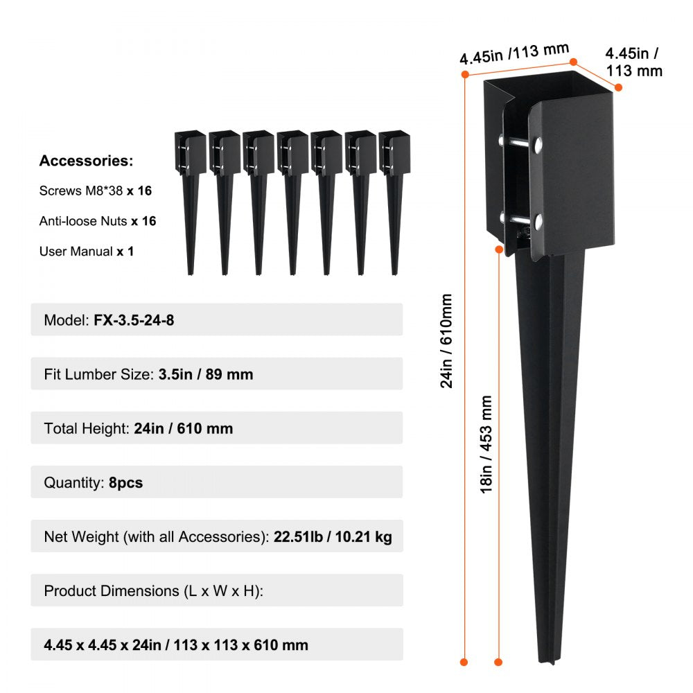 FX-3.5-24-8 - Heavy-Duty 24in Steel Fence Post Anchor for Stability