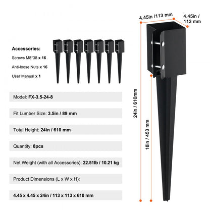FX-3.5-24-8 - Heavy-Duty 24in Steel Fence Post Anchor for Stability