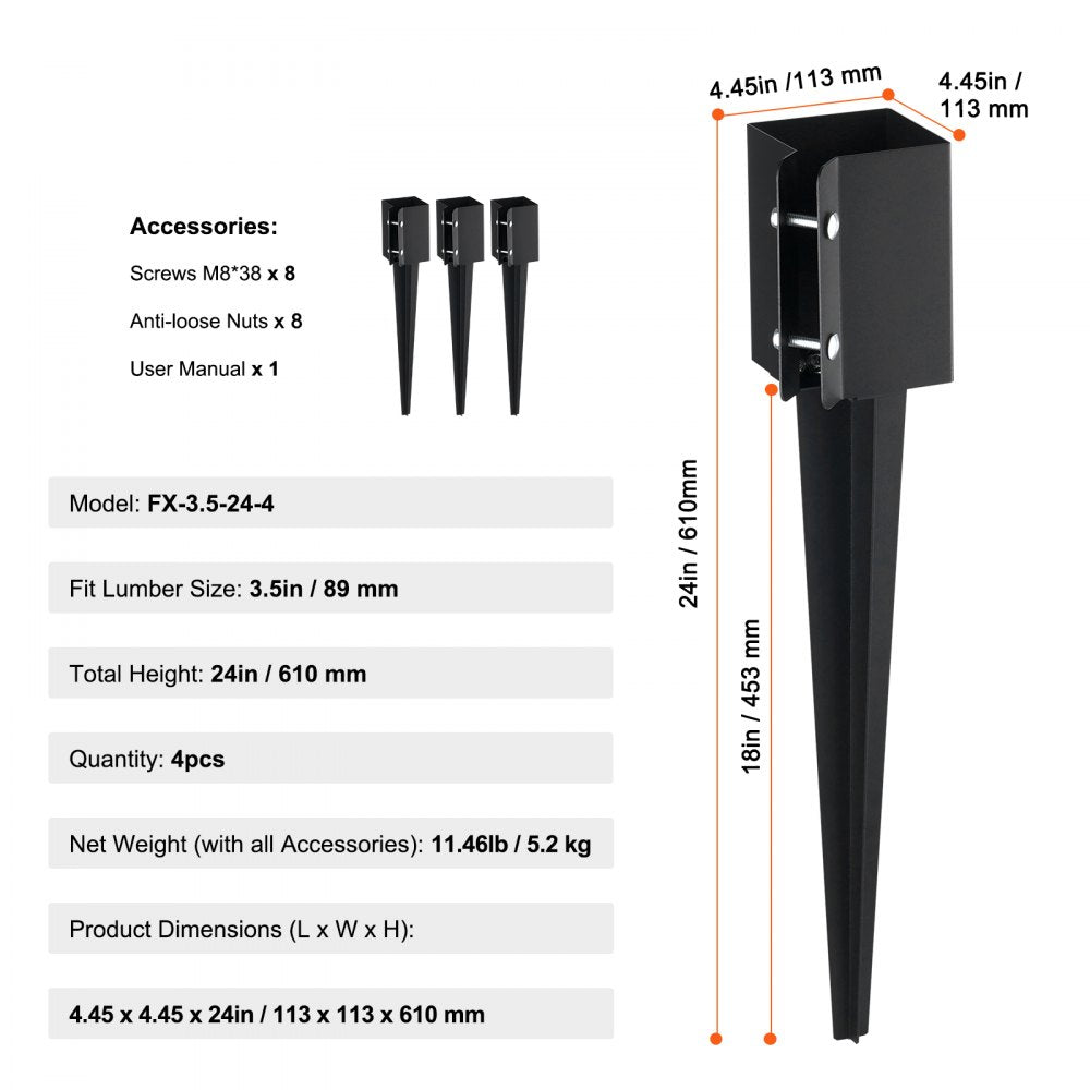 FX-3.5-24-4 - Heavy-Duty 24" Steel Fence Post Anchor for 3.5" Posts