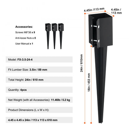 FX-3.5-24-4 - Heavy-Duty 24" Steel Fence Post Anchor for 3.5" Posts