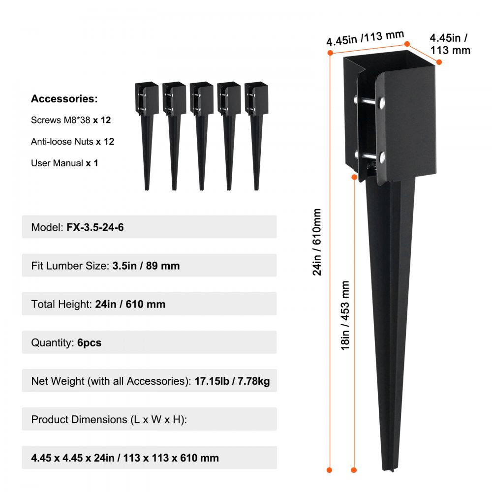 FX-3.5-24-6 - Durable 4.45" x 24" Steel Post Anchor, 6 Pack