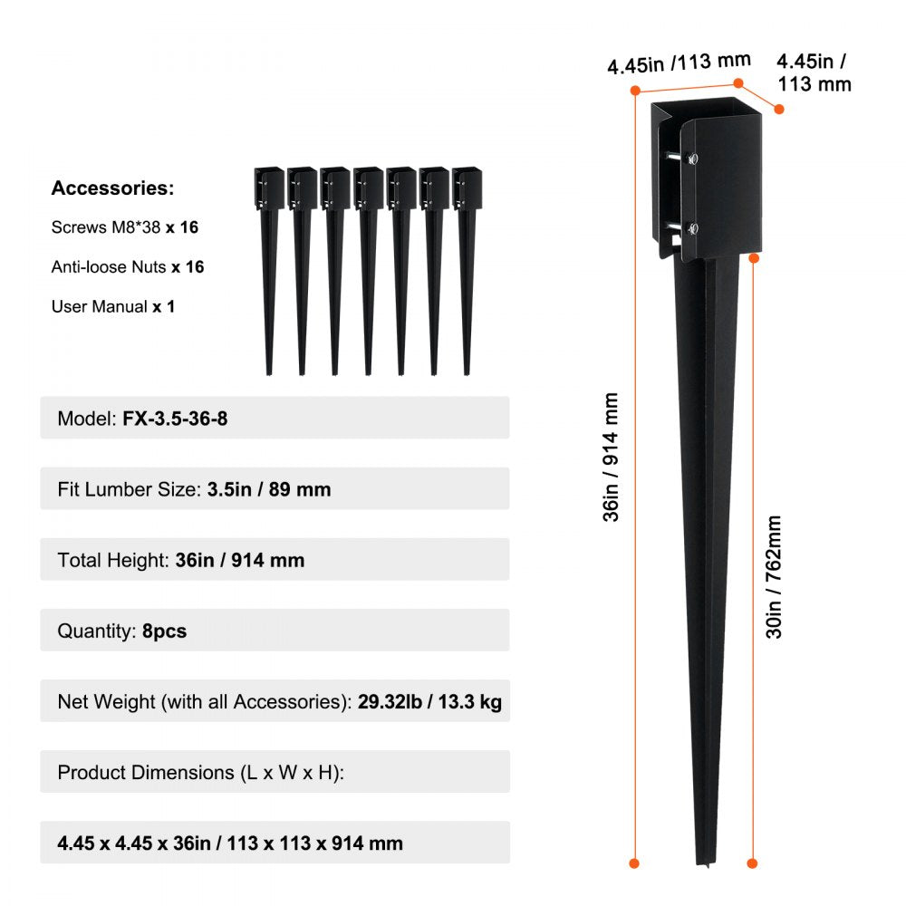 FX-3.5-36-8 - 36in Durable Steel Fence Post Anchor - 8 Pack