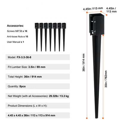 FX-3.5-36-8 - 36in Durable Steel Fence Post Anchor - 8 Pack