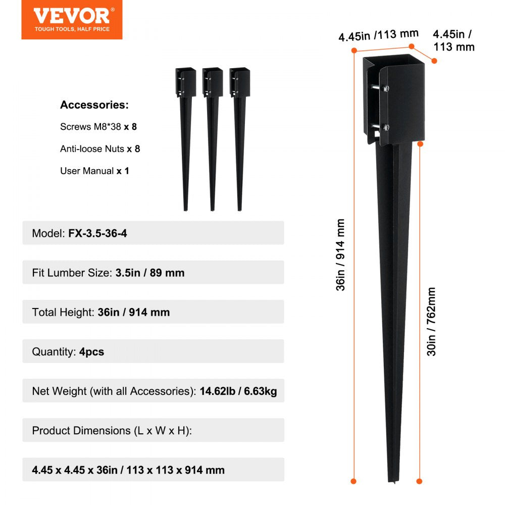FX-3.5-36-4 - Heavy-Duty 36" Steel Fence Post Anchor for Mailboxes & Decks