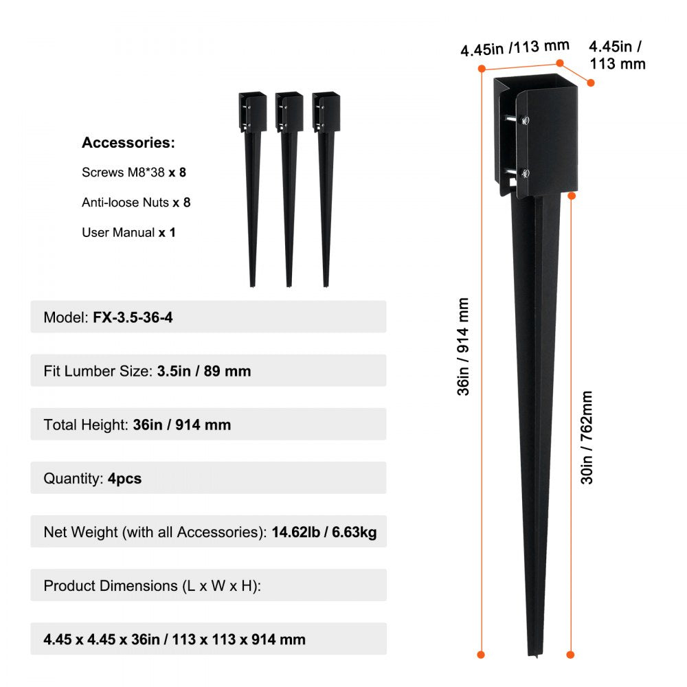 FX-3.5-36-4 - Heavy-Duty 36" Steel Fence Post Anchor for Mailboxes & Decks