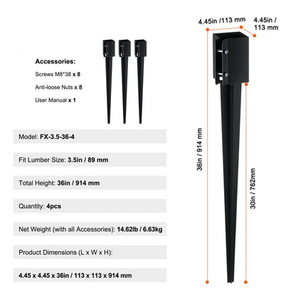 FX-3.5-36-4 - Heavy-Duty 36" Steel Fence Post Anchor for Mailboxes & Decks