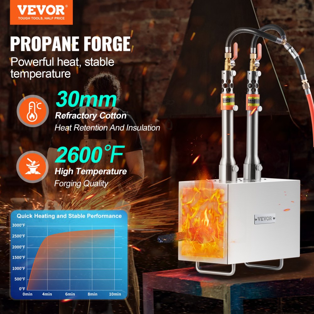 JHBXG2C - VEVOR 2-Burner Propane Forge, 2600°F High-Performance Metal Crafting