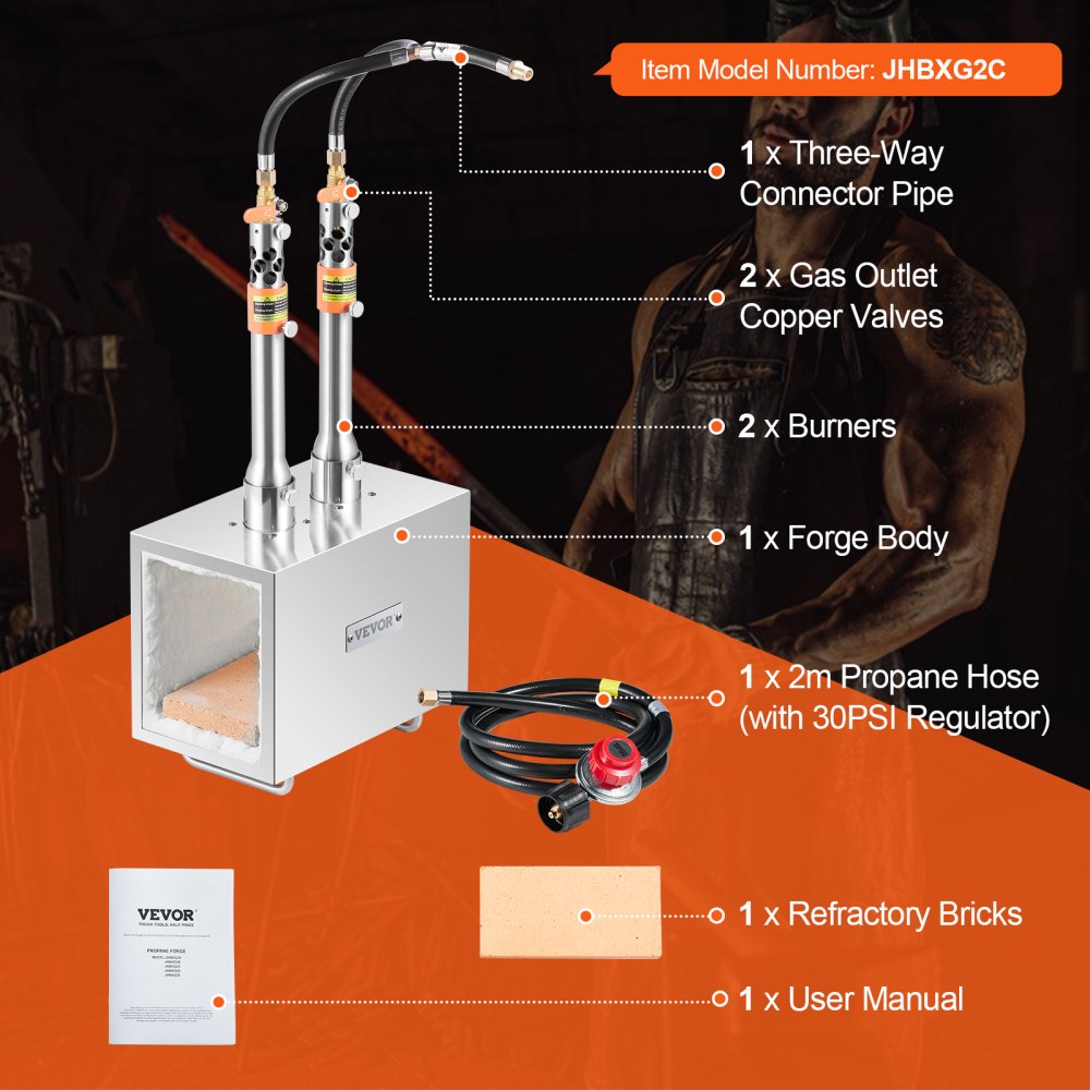 JHBXG2C - VEVOR 2-Burner Propane Forge, 2600°F High-Performance Metal Crafting