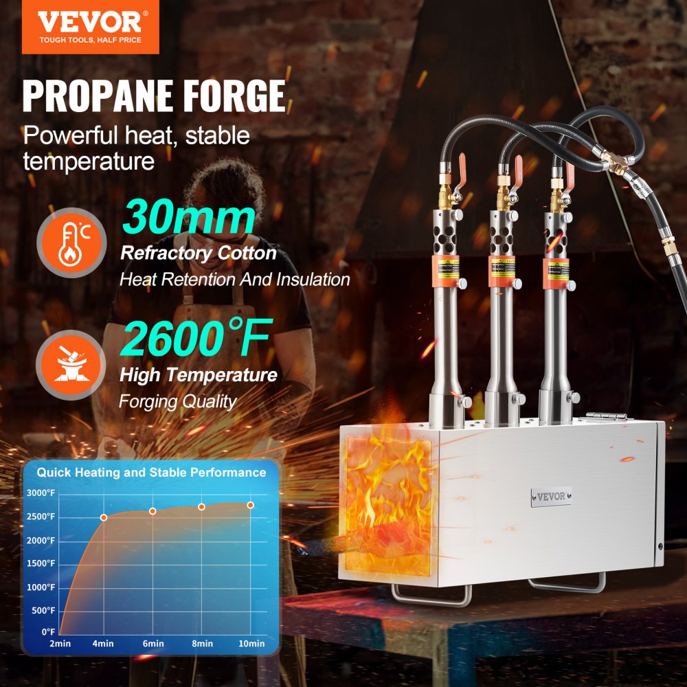 JHBXG3C - VEVOR 3-Burner Portable Propane Forge with 2600°F Capacity