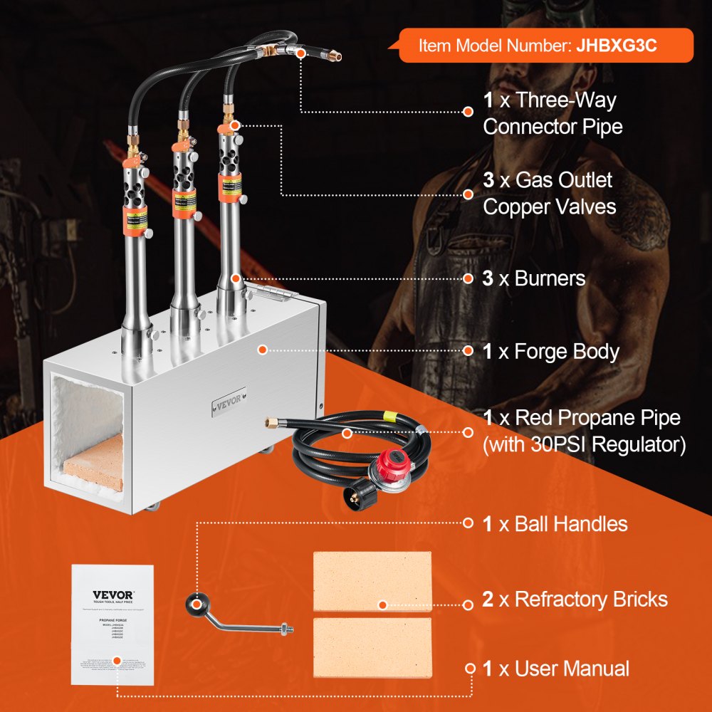 JHBXG3C - VEVOR 3-Burner Portable Propane Forge with 2600°F Capacity