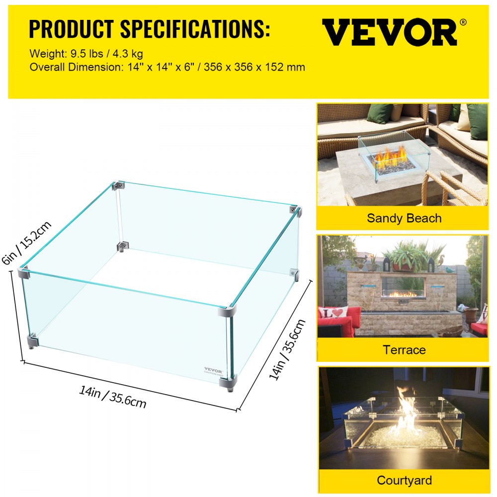 VV-FWG-FX1414 - Tempered Glass Fire Pit Wind Guard for Outdoor Elegance