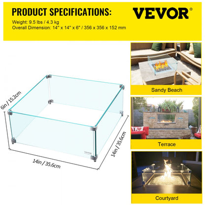 VV-FWG-FX1414 - Tempered Glass Fire Pit Wind Guard for Outdoor Elegance