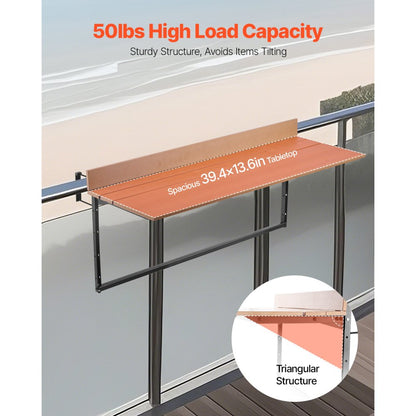 DL-BC06 - Adjustable Stainless Steel Balcony Table 15" x 39" for Outdoor Use
