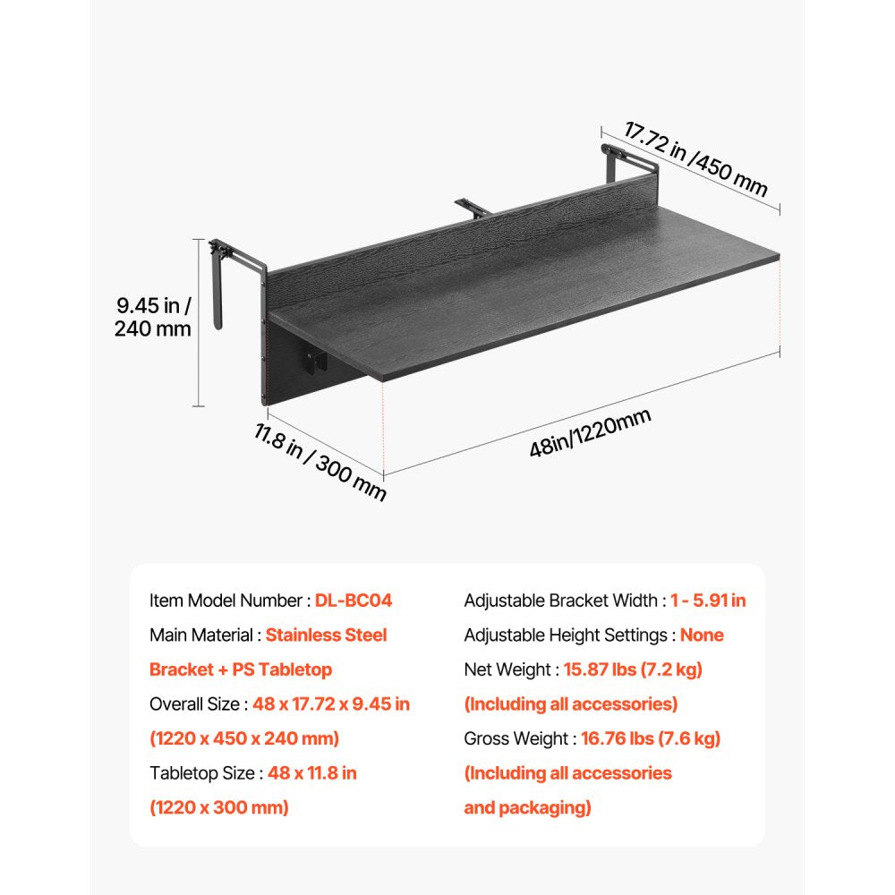 DL-BC04 - Foldable 12x48 in Stainless Steel Balcony Table for Patio Use