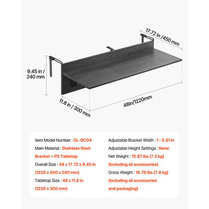 DL-BC04 - Foldable 12x48 in Stainless Steel Balcony Table for Patio Use
