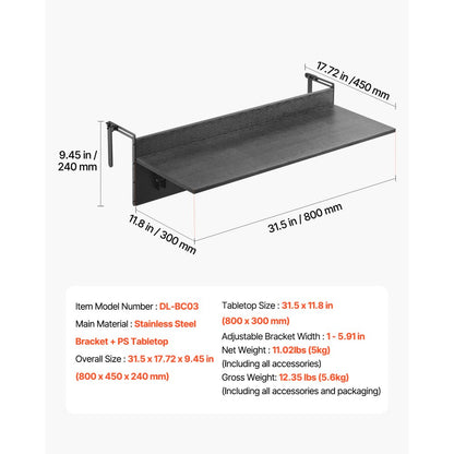 DL-BC03 - Versatile Folding Balcony Table with Stainless Steel Bracket, 12 x 32 in