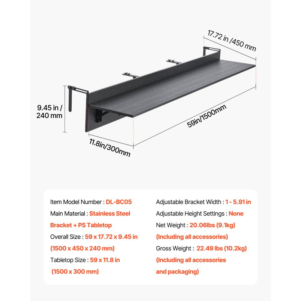 DL-BC05 - Foldable Stainless Steel Balcony Table 12 x 48 in for Outdoor Use