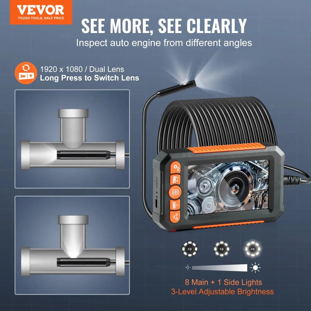C43 - VEVOR 49.2FT Dual Lens Endoscope with 4.3" Screen & Lights
