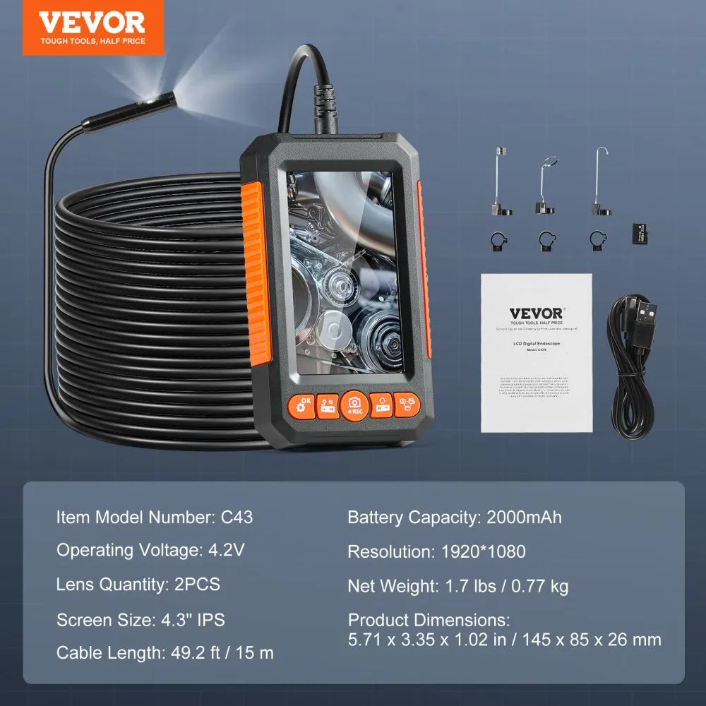 C43 - VEVOR 49.2FT Dual Lens Endoscope with 4.3" Screen & Lights