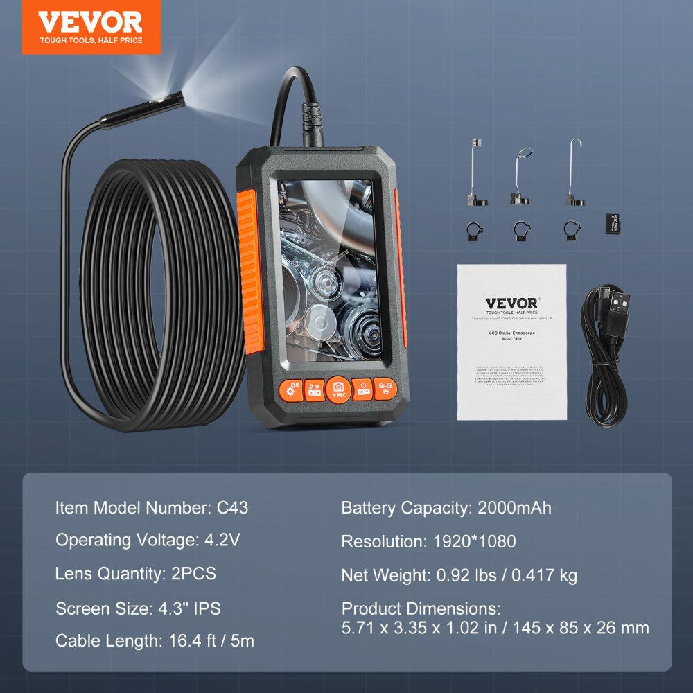 C43 - 16.4FT Dual Lens Endoscope with 4.3" Display and Adjustable Light